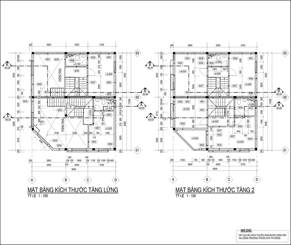 Bản vẽ thiết kế Tầng lửng, Tầng 2 nhà mẫu K Home New City