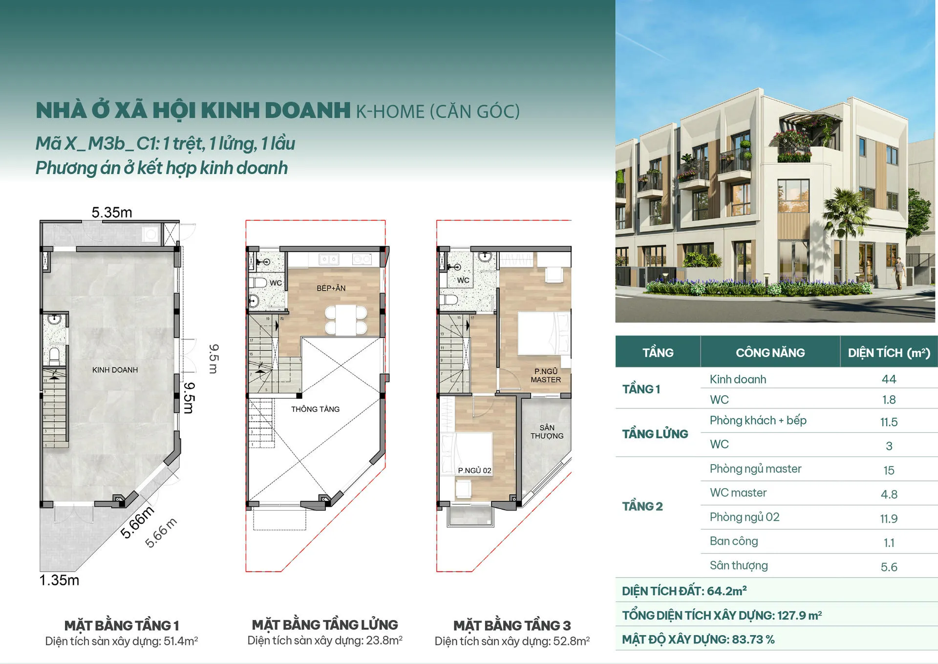 Mẫu căn góc X - M3B - C1, phương án ở kết hợp kinh doanh